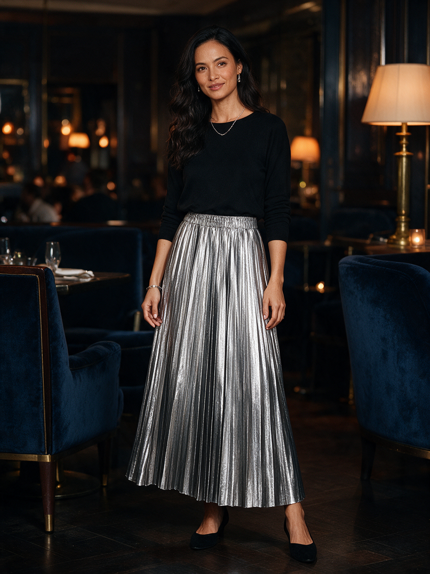 Metallic Gleam Pleats - Sliver - Women's Skirt - Image 2