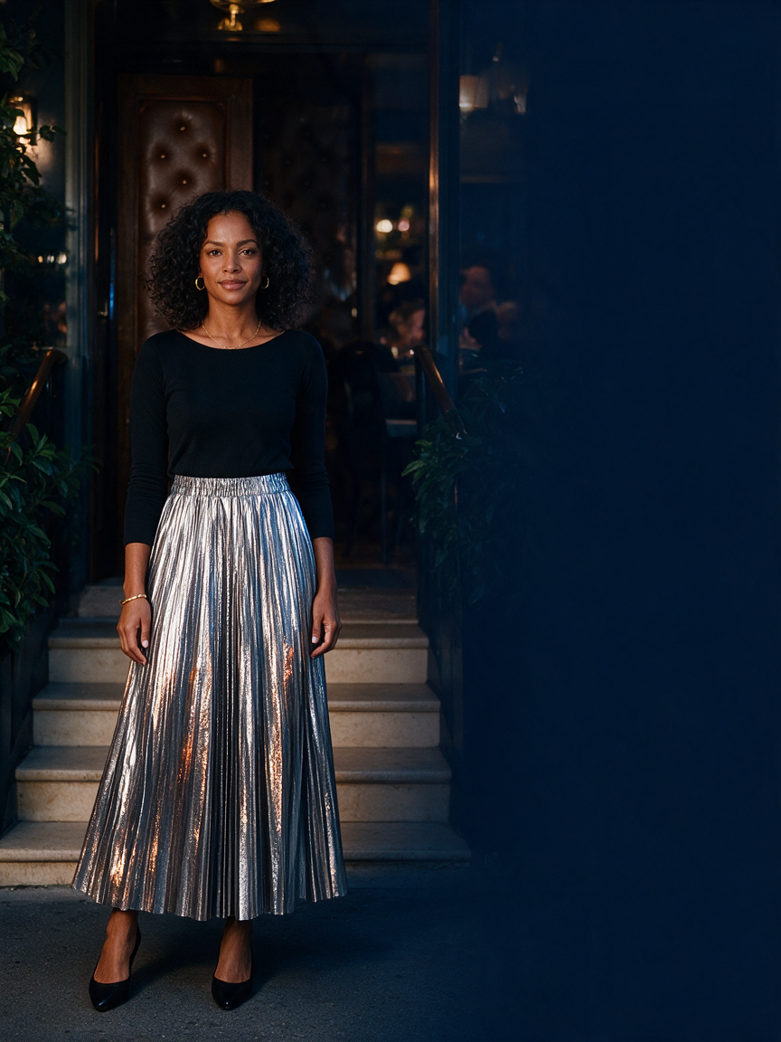 Metallic Gleam Pleats - Sliver - Women's Skirt - Image 3