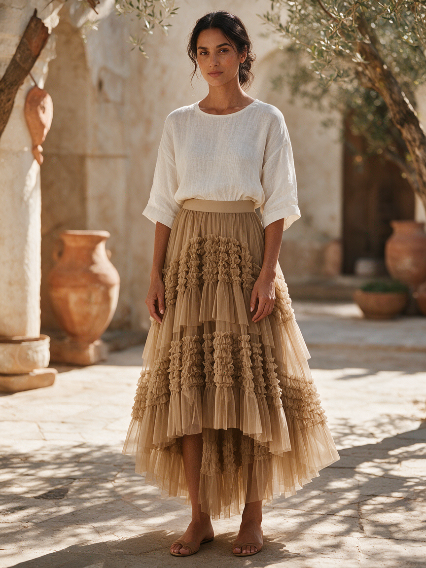 Cascade Flow Veil - Khaki - Layered Mullet Tulle Skirt - Image 3