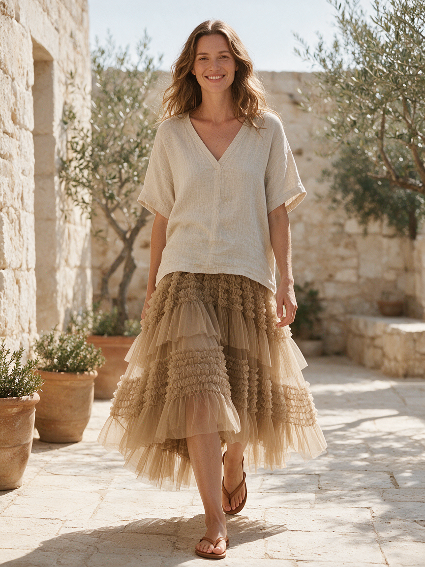 Cascade Flow Veil - Khaki - Layered Mullet Tulle Skirt - Image 4